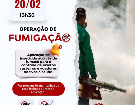 Dia 20 de fevereiro, terça-feira, a partir das 13h30, será realizada a operação de fumigação em Ipuaçu