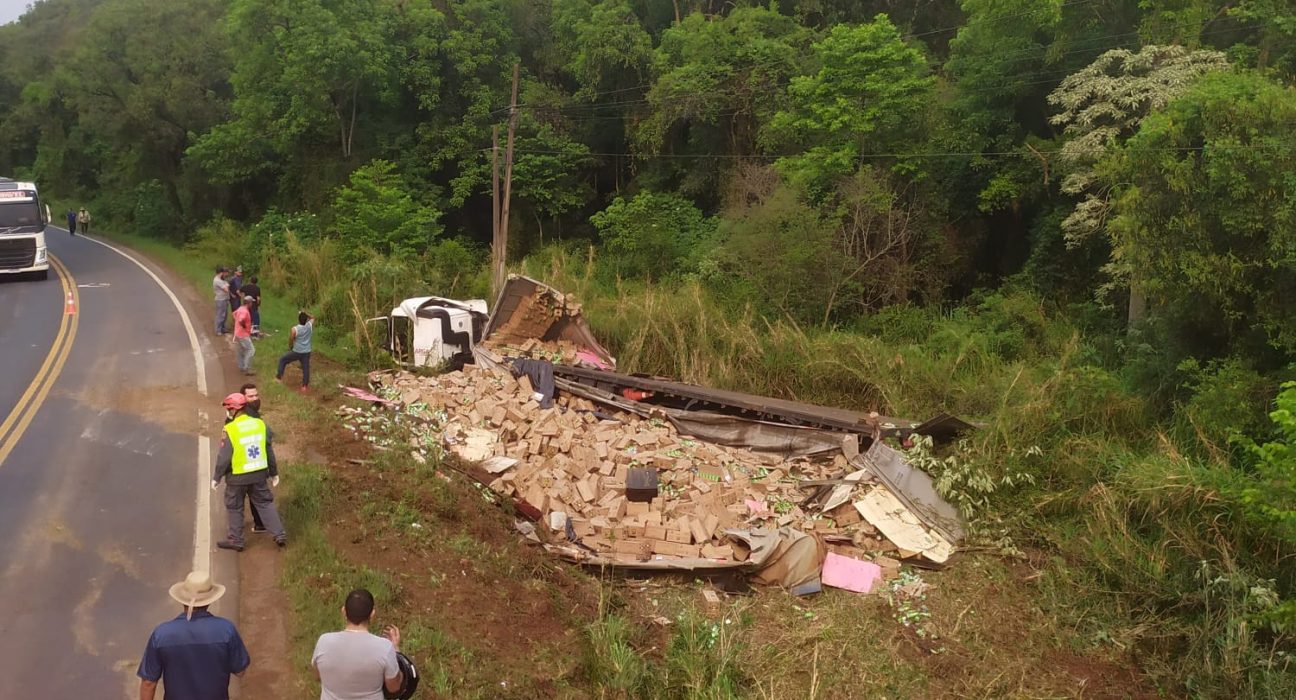 O caminhão estava carregado com fardos de salgadinhos, batatas e bolachas, que se espalharam no local do acidente