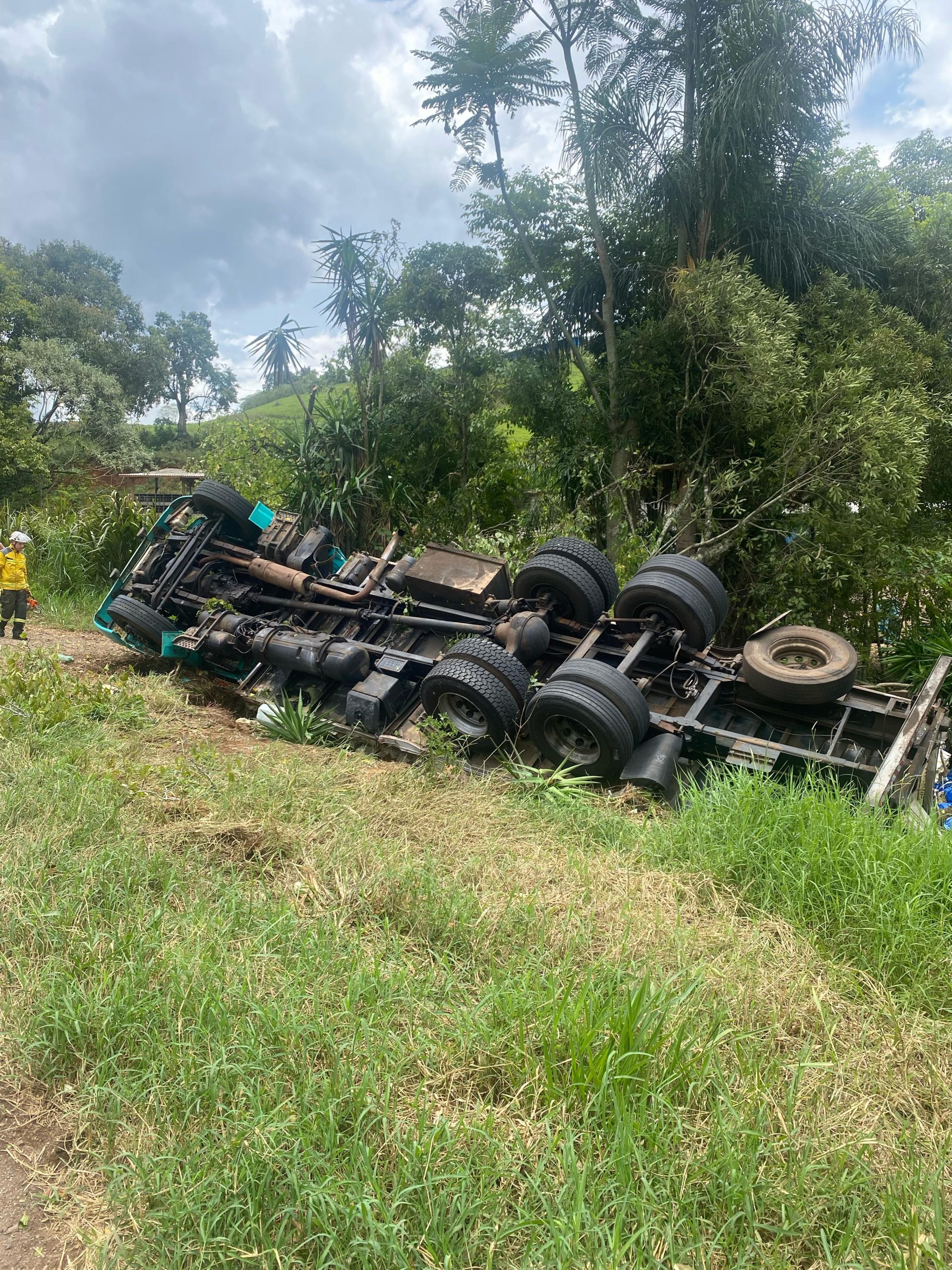 Caminhão tomba e colide com árvores na SC-155